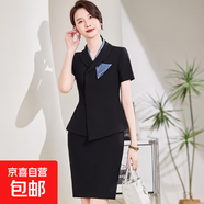 前臺接待職業(yè)套裝女夏短袖西裝氣質(zhì)收腰售樓部案場(chǎng)客服茶樓工作服 黑色外套+半身裙（X9116） M