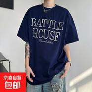 重磅釘珠字母美式復古短袖T恤男女夏季重磅純棉寬松涼感高街情侶 藏藍色-T5807 XL