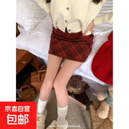 復古格子撞色毛呢半身裙女秋冬新款高腰顯瘦包臀裙小個(gè)子短款裙子 紅色 L