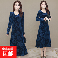 新款金絲絨3D印花連衣裙女春秋冬季大碼顯瘦氣質(zhì)媽媽裝過(guò)膝長(cháng)裙 藏青色 4XL 【建議146-165斤】