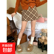 復古格子撞色毛呢半身裙女秋冬新款高腰顯瘦包臀裙小個(gè)子短款裙子 卡其色 S