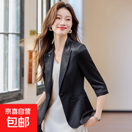 七分袖小西裝外套女春夏2025新款高級感仿醋酸西服配連衣裙兩件套 黑色西裝 S