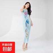 女裝氣質(zhì)高級感三宅連衣裙夏季新款中長(cháng)款一步裙無(wú)袖顯瘦直筒裙子 青色 均碼