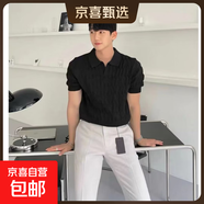 POLO衫翻領(lǐng)V領(lǐng)海鷗領(lǐng)針織短袖男麻花老錢(qián)風(fēng)冰絲透氣 B07黑色 L  身高(CM):172-176體重(KG):55-65