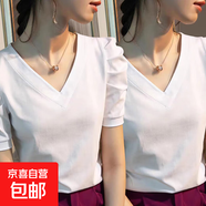 短袖t恤女2025新款夏純棉純色泡泡袖上衣V領(lǐng)修身顯瘦正肩爆款體恤 K7-白色+白色 2XL 建議125-135斤