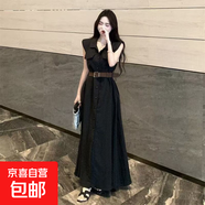 夏季新款氣質(zhì)時(shí)尚襯衫翻領(lǐng)無(wú)袖連衣裙顯瘦收腰時(shí)尚裙子 黑色 S