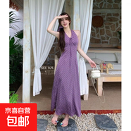 法式復古甜心V領(lǐng)波點(diǎn)掛脖連衣裙女夏季露背綁帶無(wú)袖背心長(cháng)裙 紫色裙子 S