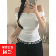 純欲辣妹風(fēng)一字肩綁帶下擺蕾絲拼接設計短袖夏季修身個(gè)性上衣ins 白色 M