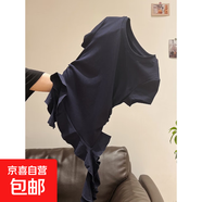 日式圓領(lǐng)chic不規則下擺荷葉邊短袖T恤夏季甜美純色顯瘦小上衣女 藏青色 S