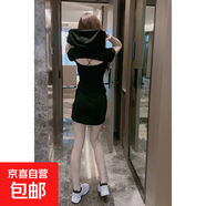 歐洲站連帽褶皺衛衣連衣裙女夏短袖韓版露背休閑減齡中長(cháng)款裙子潮 黑色 XL