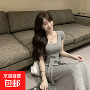 灰色短袖綁帶氣質(zhì)連衣裙女夏季韓系修身收腰長(cháng)款裙子 灰色 S