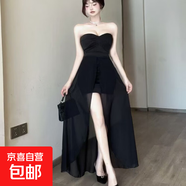 法式風(fēng)純欲一字肩抹胸超仙白色連衣裙不規則網(wǎng)紗露腿設計包臀長(cháng)裙 黑色 M