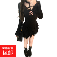 純欲性感黑色蕾絲蝴蝶結連衣裙子女春秋季新款修身辣妹包臀短裙 黑色 S