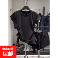 日式圓領(lǐng)chic不規則下擺荷葉邊短袖T恤夏季甜美純色顯瘦小上衣女 黑色 M