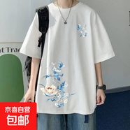 短袖新款夏季百搭半袖ins五分潮流寬松圓領(lǐng)學(xué)生T恤衫男裝潮牌上衣 [高品質(zhì)]T神鳥(niǎo)-白色 -短袖 L