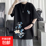 短袖新款夏季百搭半袖ins五分潮流寬松圓領(lǐng)學(xué)生T恤衫男裝潮牌上衣 [高品質(zhì)]T神鳥(niǎo)-黑色 -短袖 L