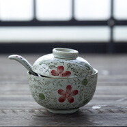 和風(fēng)四季淺田釉下彩陶瓷碗日式餐具家用蓋碗湯碗蒸碗泡飯碗餐廳擺臺餐具 4.5英寸小號紅花蓋碗+小瓷勺