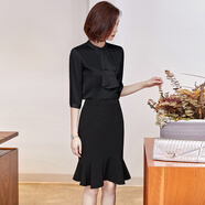 芭妃婭雪紡襯衫女長(cháng)袖白色寬松時(shí)尚氣質(zhì)小香風(fēng)美容師酒店前臺教師工作服面試正裝女 黑色七分袖襯衫+黑色半身裙 S