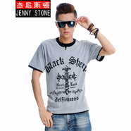 杰尼斯頓（Jenny Stone）短袖t恤男小v領(lǐng)印花休閑學生潮牌修身雙領(lǐng)假兩件 花灰 M