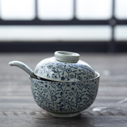 和風(fēng)四季淺田釉下彩陶瓷碗日式餐具家用蓋碗湯碗蒸碗泡飯碗餐廳擺臺(tái)餐具 4.5英寸小號(hào)青花蓋碗+小瓷勺