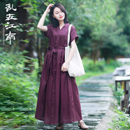亂在江南亞麻休閑系帶紫色連衣裙女寬松夏季新款舒適透氣長裙 紫色短袖 M
