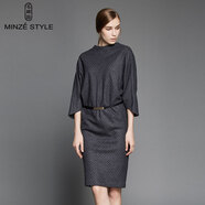 名師路品牌女裝冬季新品經(jīng)典街頭格紋五分蝙蝠袖毛呢連衣裙 4W62505深藍56 M