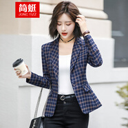 簡蜓格子小西裝外套女春秋氣質(zhì)英倫風修身正裝上衣復古風港味西服上衣 藍格子小西裝 2XL（建議：120-130斤）