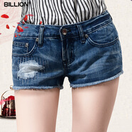 BILLION超短褲女牛仔褲夏季辣妹超短褲熱褲毛邊破洞補丁純棉低腰潮B23008 中藍色 28
