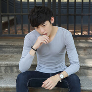 嘉曄長(cháng)袖t恤男 V領(lǐng)韓版潮流打底衫男秋衣薄款緊身純色休閑上衣男 灰色 170L