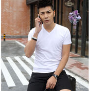 單曲循環(huán)香港潮牌純色V領(lǐng)男短袖t恤衣服夏裝白色男裝百搭休閑打底衫上衣潮 白色 XL 135-145斤