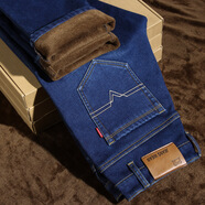 獅子聰加絨牛仔褲男彈力直筒青年寬松加厚帶絨男褲子高腰男士秋冬款 彈力深藍009款加絨 32(腰圍2尺5)