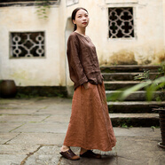 亂在江南民族風(fēng)棉麻半身裙女春夏中長(zhǎng)款寬松復(fù)古高腰開(kāi)叉裙子 褐色 均碼