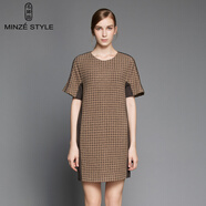 名師路品牌女裝冬季新品經(jīng)典五分袖半袖圓領(lǐng)格紋落肩毛呢連衣裙 4W62504咖啡色76 M