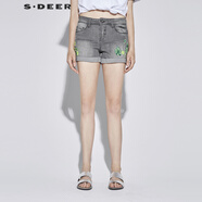 sdeer圣迪奧夏裝新款女裝復(fù)古繡花不規(guī)則擺牛仔短褲S18280911 德國灰/87 S/160