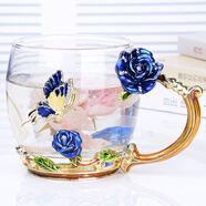 Luxury Flowers創(chuàng)意藍(lán)玫瑰琺瑯彩水杯茶杯歐式玻璃果汁杯套裝家用耐高溫花茶杯送 藍(lán)玫瑰矮款+琺瑯勺 無(wú)禮盒 330ml