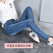獅子聰獅子聰 牛仔褲女小腳九分褲2025春夏新款韓版緊身小腳長褲 6169中藍色九分褲單褲 28
