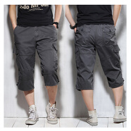 奕久久戶(hù)外夏天休閑工裝七分褲男寬松多口袋運動(dòng)中褲男大碼短褲純棉中褲 灰色 XXXL(175-190斤)