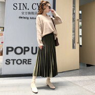 SIN.CYC女裝金絲絨百褶裙女秋冬半身裙女中長(cháng)款韓版高腰冬裙 軍綠色 L 28