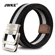JWKE 男士雙環(huán)扣帆布腰帶運動休閑青年牛仔褲皮帶百搭褲腰帶學生褲帶 黑灰條紋 130cm