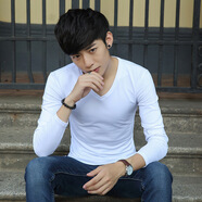 嘉曄長(cháng)袖t恤男 V領(lǐng)韓版潮流打底衫男秋衣薄款緊身純色休閑上衣男 白色 170L