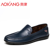 奧康（Aokang）男鞋春季新款頭層牛皮休閑鞋男英倫套腳駕車懶人豆豆鞋男真皮 藍(lán)色加絨款166819189 40