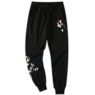 簡(jiǎn)拓2024夏季梅花刺繡文藝衛褲男士 嘻哈時(shí)尚休閑長(cháng)褲男黑色束腳褲 黑色 XL