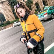 SIN.CYC女裝夾克女短款皮絨女生帥氣短外套女秋冬季女式加絨加厚 黃色 S