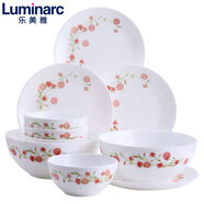 樂美雅（Luminarc）鋼化玻璃餐具碗盤碟套裝家用飯碗面碗盤餐盤無鉛漂亮可微波爐加熱 羅曼紅餐具 10頭