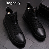 Rogosky 香港潮牌男鞋新款簡(jiǎn)約字母金屬中高幫板鞋男式秋冬季韓版百搭增高厚底素面中高邦小白鞋 黑色 39（比運(yùn)動(dòng)鞋偏大一碼）