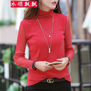 衣領(lǐng)飄飄打底衫內搭女裝蕾絲網(wǎng)紗長(cháng)袖高領(lǐng)T恤春秋裝新款時(shí)尚氣質(zhì)性感衣服 大紅色 M(95-105斤)