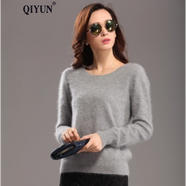 QIYUN女裝 仿貂絨衫毛衣女寬松低領(lǐng)圓領(lǐng)短款打底衫加厚套頭大號針織衫 灰色 S