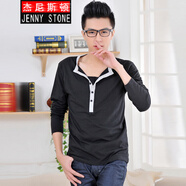 杰尼斯頓（Jenny Stone）潮牌長袖t恤男修身學(xué)生彈力亨利領(lǐng)打底衫 黑色*灰 XL