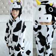 夢舒紛兒童連體睡衣卡通恐龍動物法蘭絨秋冬男童女孩寶寶長袖珊瑚家居服 A奶牛 140號連帽(建議身高135-145cm)