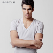 元本 男士休閑短袖T恤男修身性感深V領(lǐng)打底衫白色潮棉 淺灰色 M 175/96A